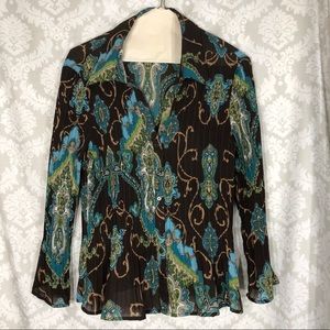 Vintage “SBL”  Ruffled Sheer Print Blouse L